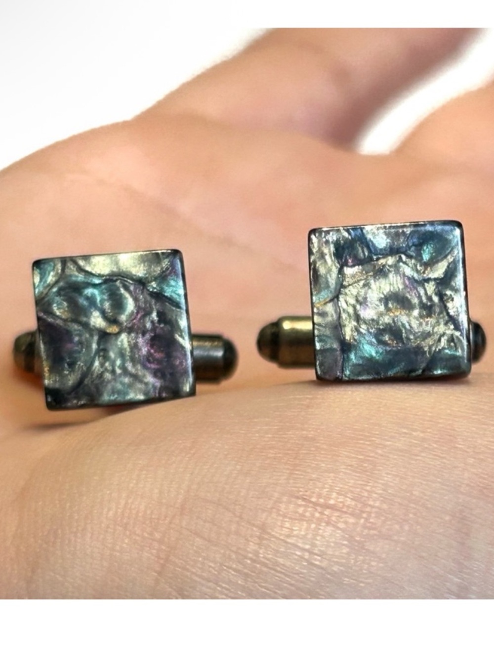 Vintage Abalone Shell Cuff Links Shiny Blue Grey Silver Tone Metal Square Suit